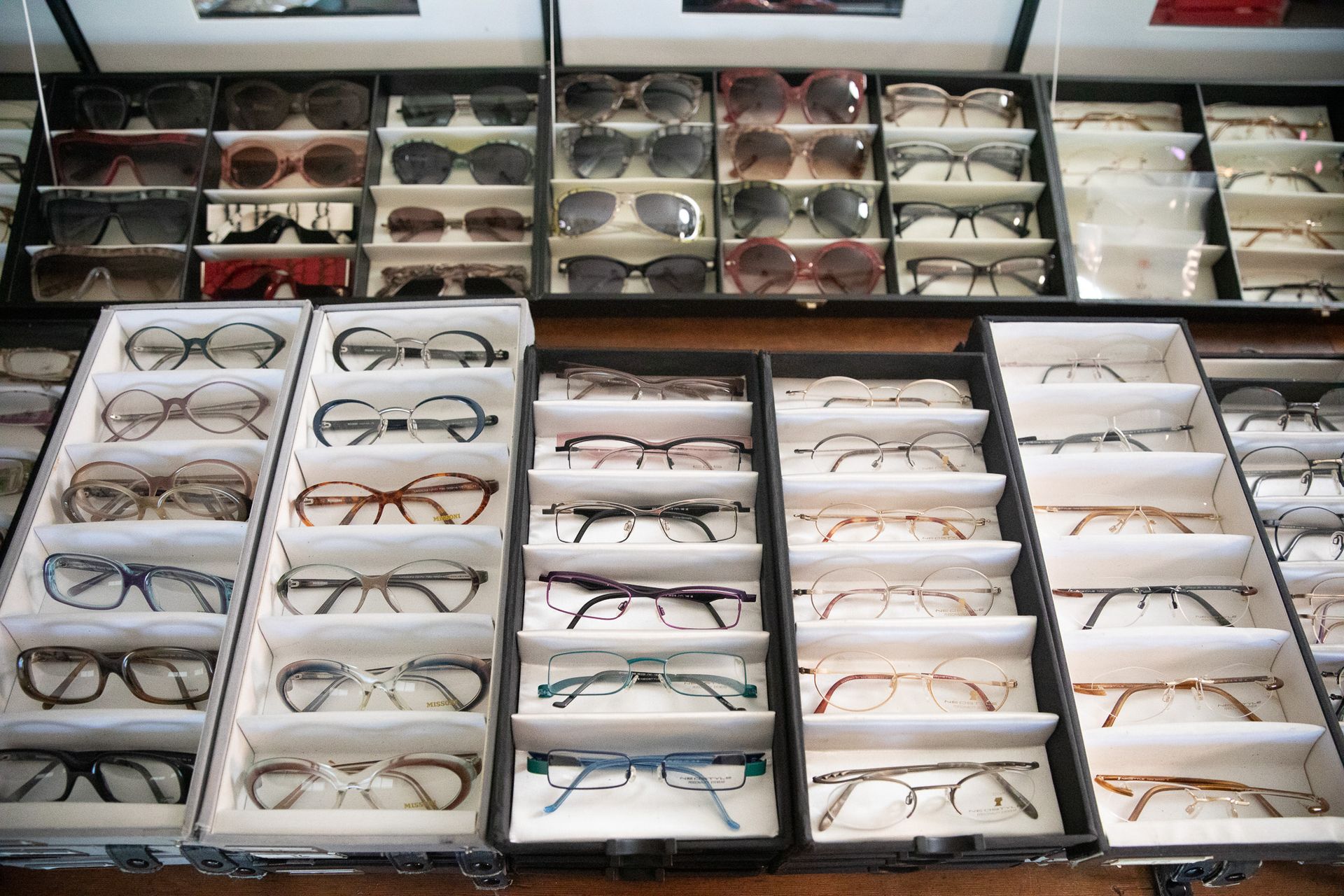 A display of glasses and sunglasses in a store