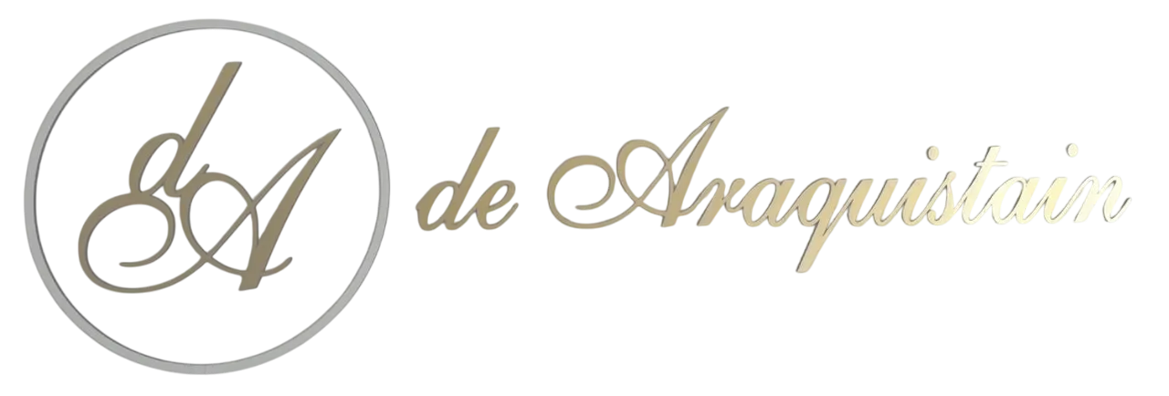 Logotipo con monograma dorado, emblema circular y texto cursivo “de Araquistain” sobre fondo blanco.
