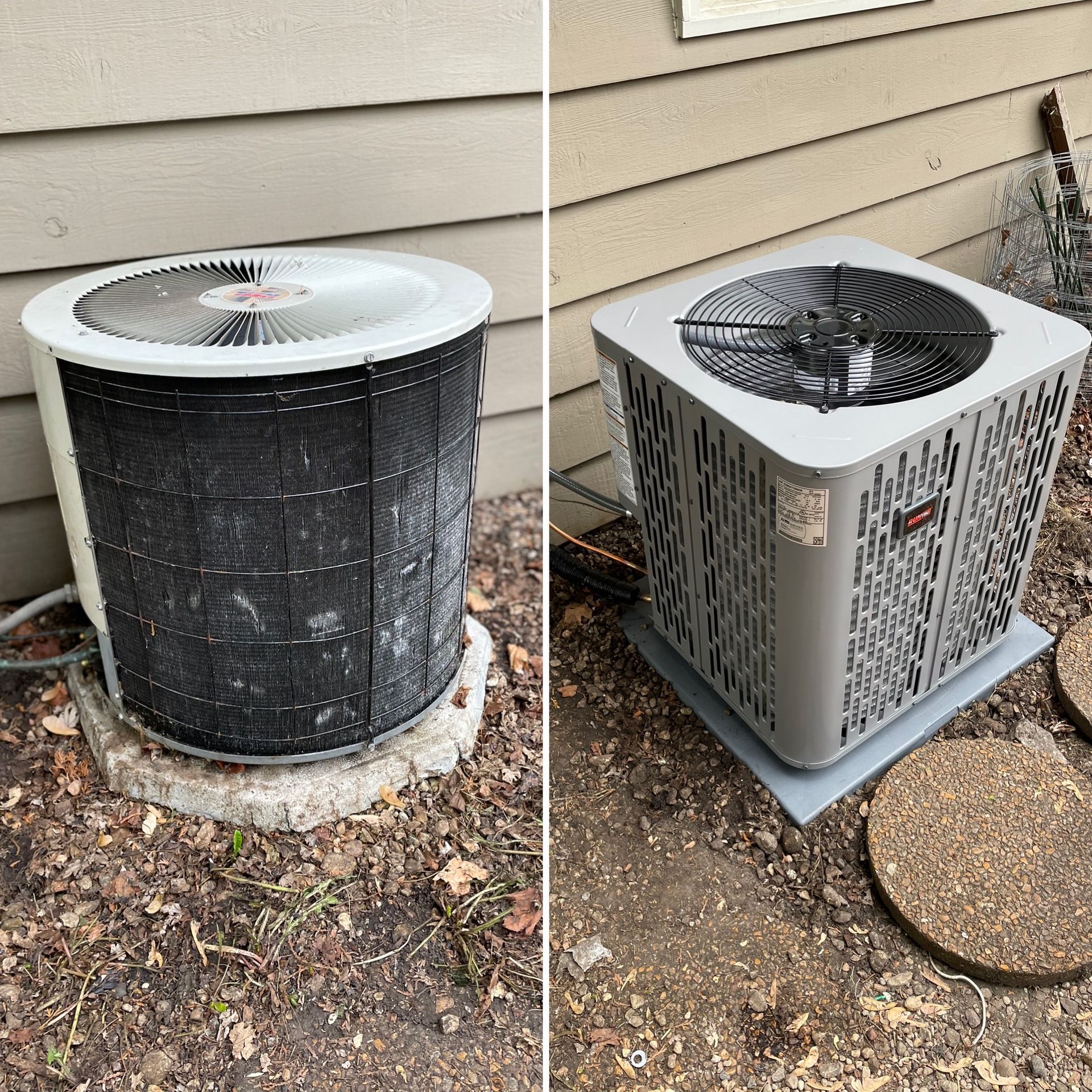 A before and after picture of an air conditioner outside of a house.