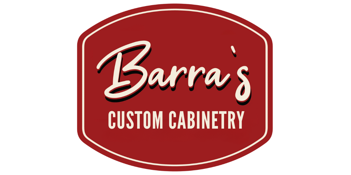 Logo for Barra's Custom Cabinetry: red shield-shaped design with white cursive text.