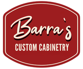 Logo for Barra's Custom Cabinetry: white cursive text on a red, oval background with a thin white border.