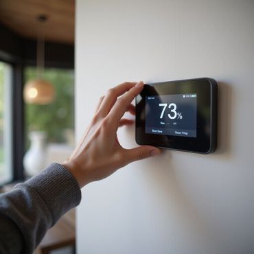 Hand adjusting a smart thermostat on a white wall, displaying a temperature of 73 degrees.