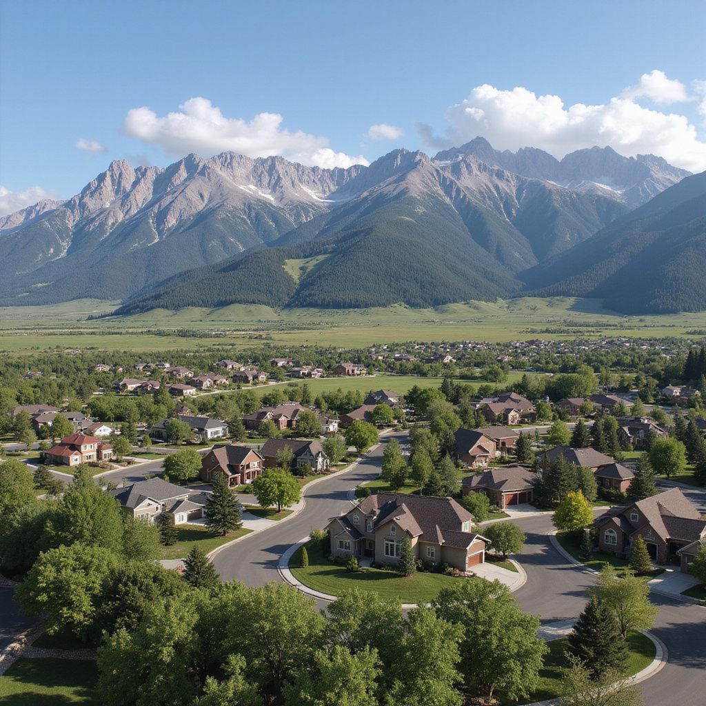 Residential neighborhood nestled at the foot of majestic mountains under a blue sky with fluffy clouds.