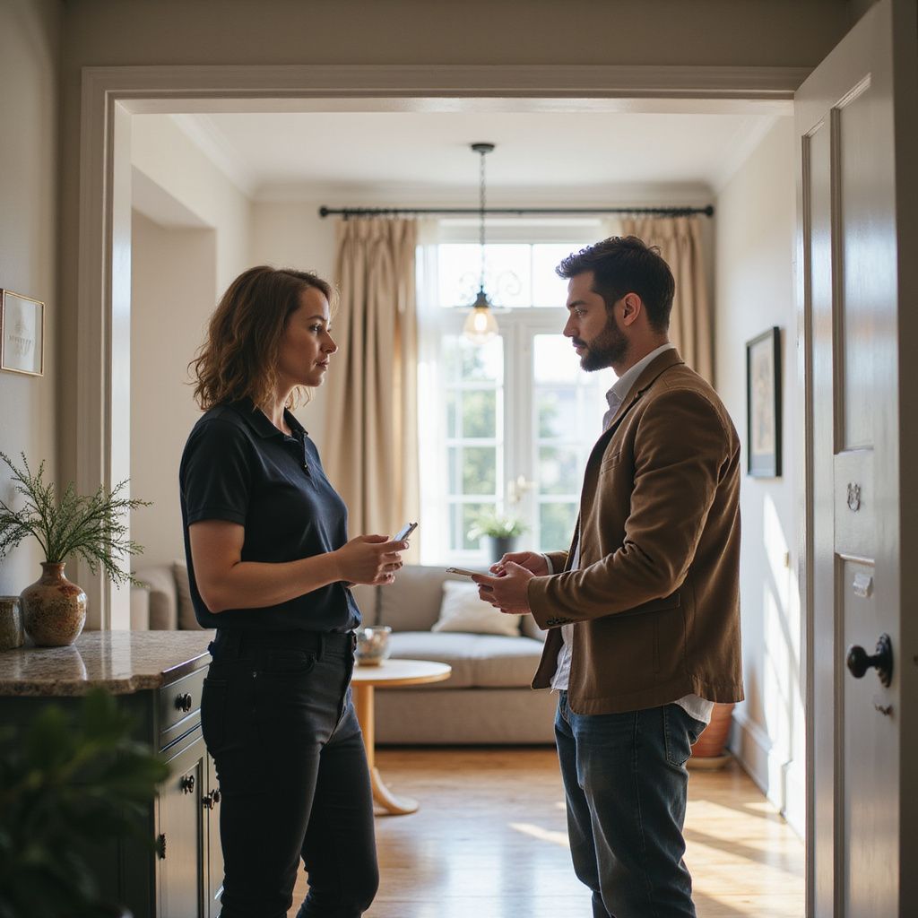 Woman and man facing each other inside a home, both holding phones, discussing. Neutral tones, daytime.