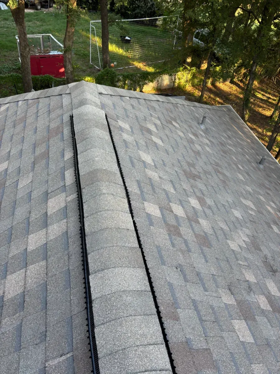 A high-angle view of a residential shingled roof featuring a central ridge vent with a black mesh filter.