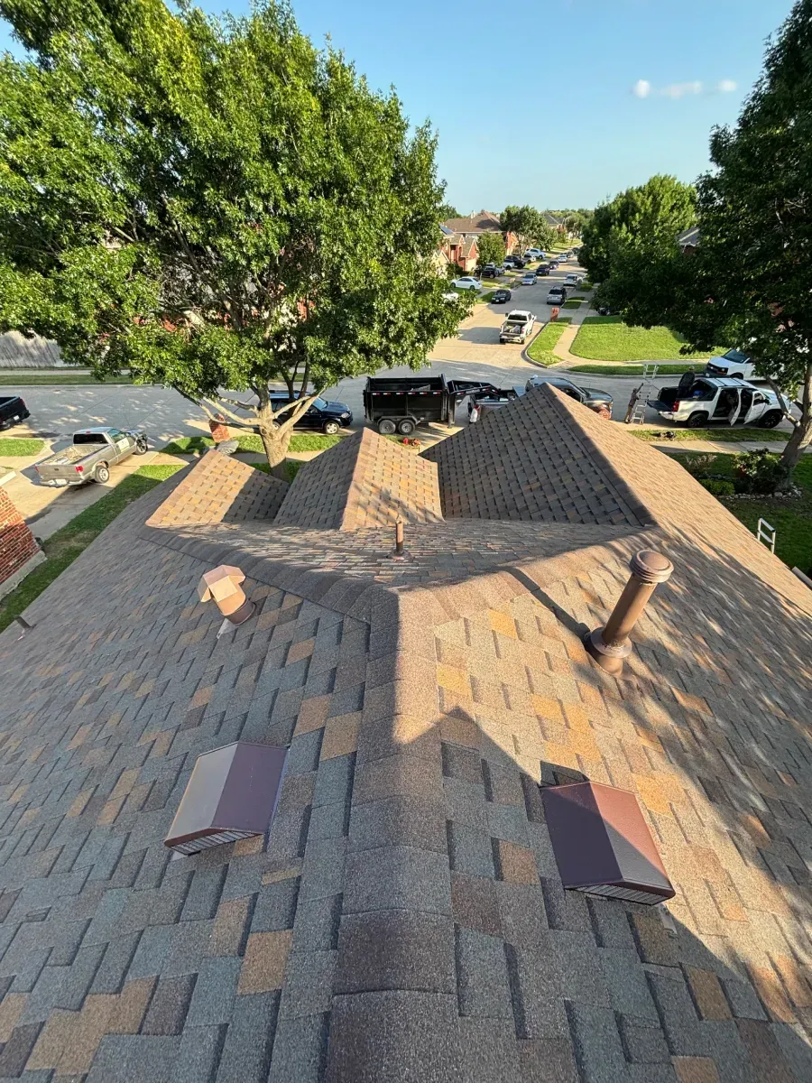 View from a residential rooftop showing brown asphalt shingles, roof vents, and a suburban street below with cars.