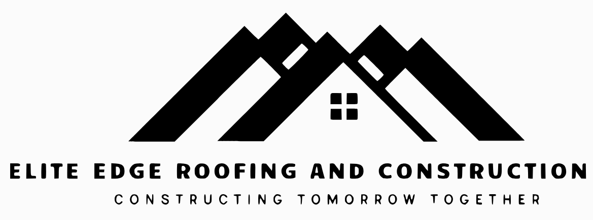 Logo for Elite Edge Roofing and Construction featuring a mountain-shaped house roof icon above the company name and slogan.
