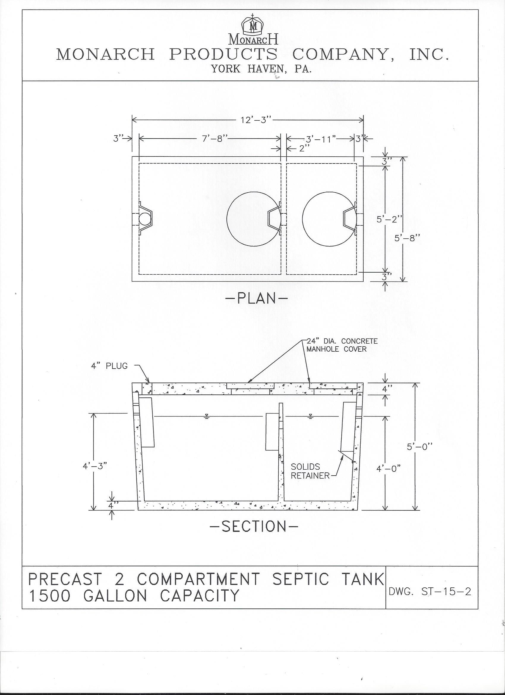 Precast 2 Compartment Septic Tank 1250 Gallon Capacity — Snyder Twp, PA — Ray Burial Vault Co
