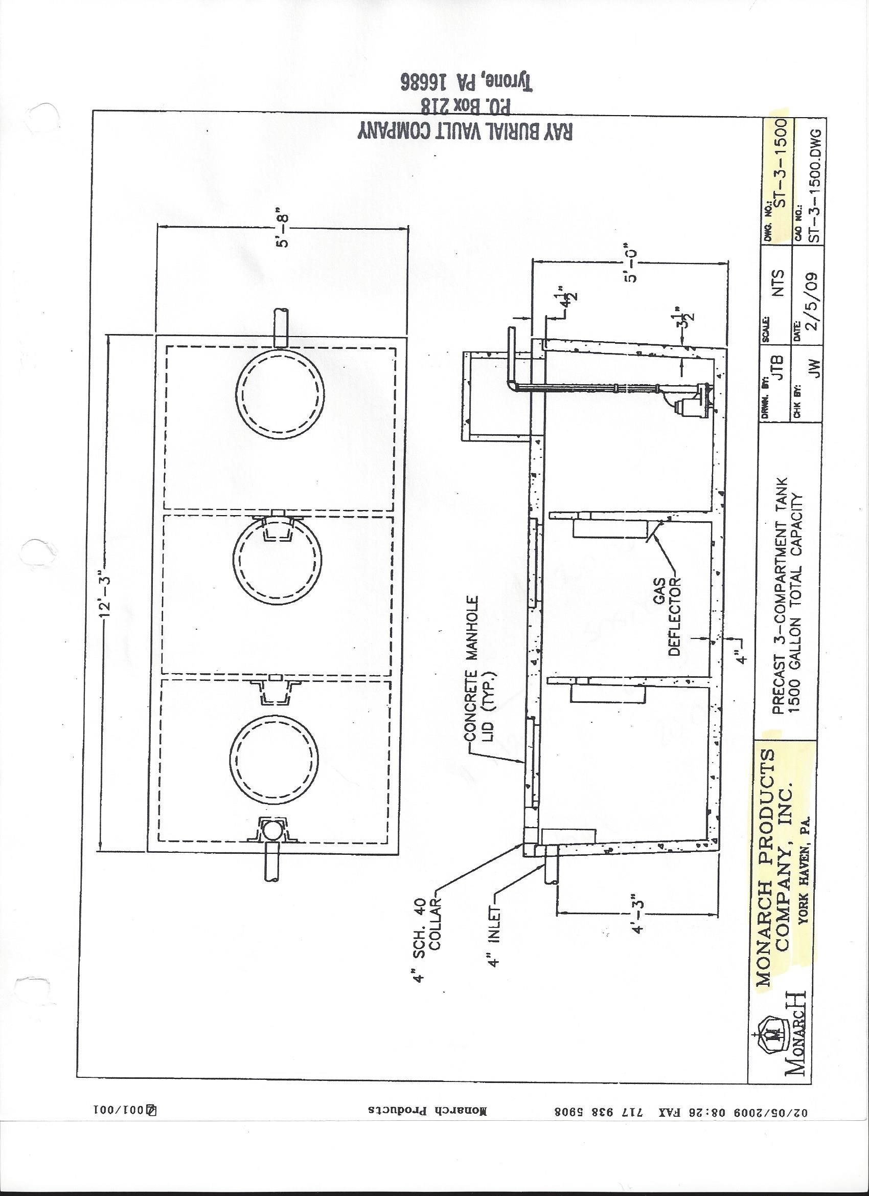 Precast 3 Compartment Septic Tank 1250 Gallon Total Capacity— Snyder Twp, PA — Ray Burial Vault Co