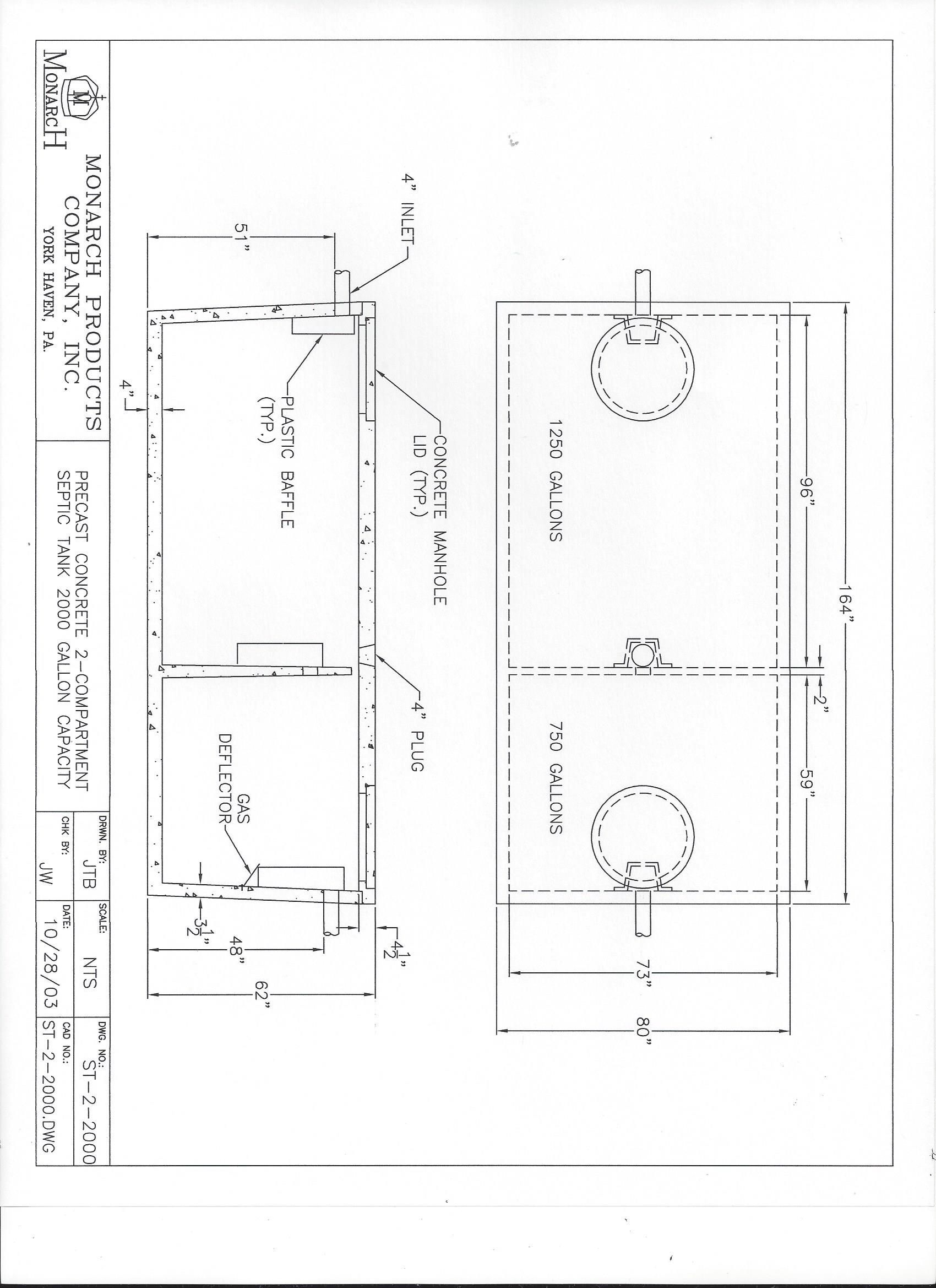 Precast Concrete 2 - Compartment Septic Tank 2000 Gallon Capacity— Snyder Twp, PA — Ray Burial Vault Co