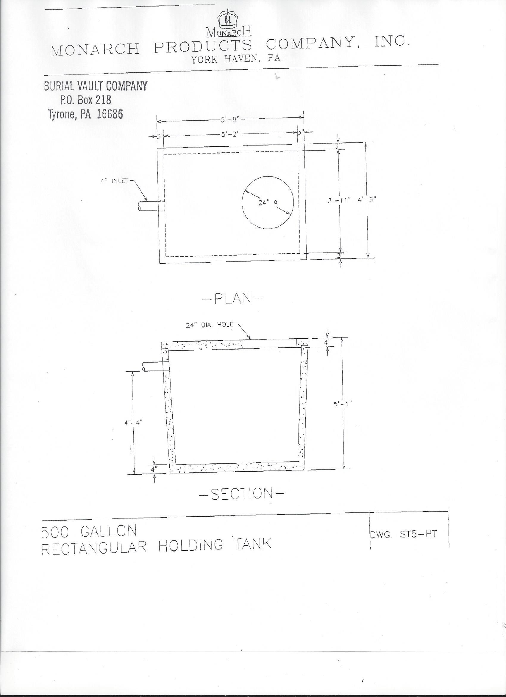 500 Gallon Rectangular Holding Tank — Snyder Twp, PA — Ray Burial Vault Co