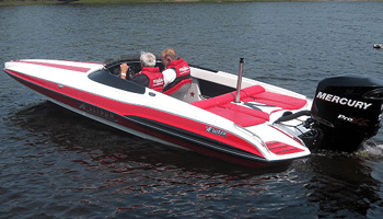Red and white speedboat with two people on a lake, black Mercury engine.