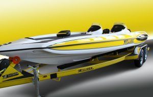 Yellow and white speedboat on a yellow trailer, with a bright yellow gradient background.