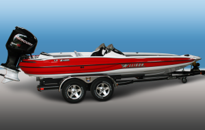 Red and white Triton bass boat on a trailer, with a black outboard motor.