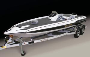 White and black fishing boat on a trailer, angled towards the viewer.