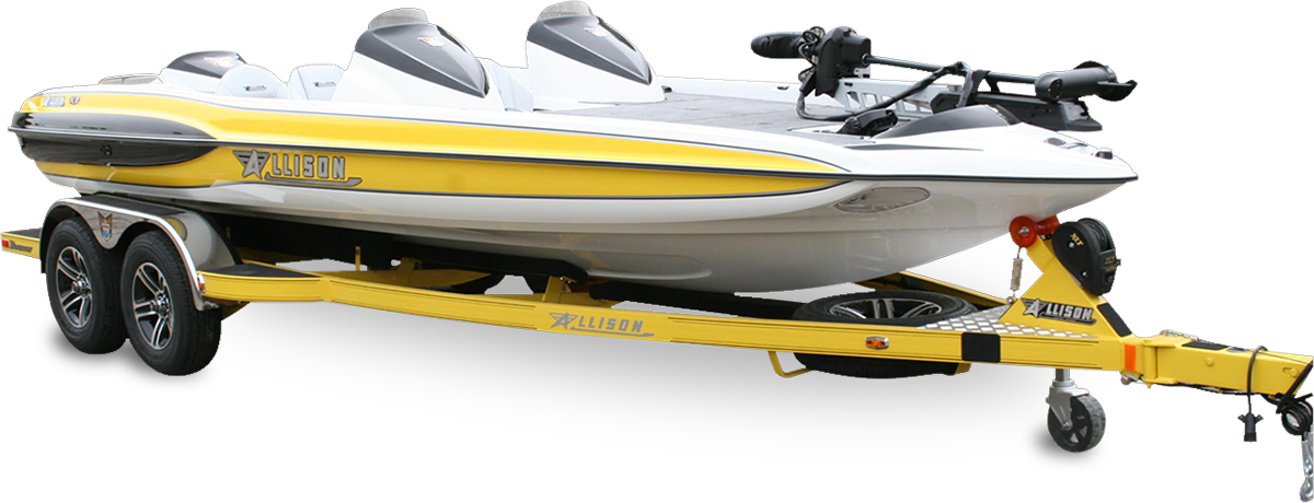 Black and lime green jet boat on a black trailer, ready for transport.