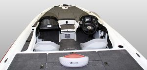 Interior of a white bass boat with two seats, a steering wheel, and front deck.