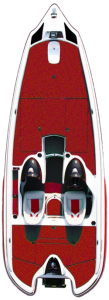 Overhead view of a red and white jet boat with two seats, a propeller, and red carpeting.