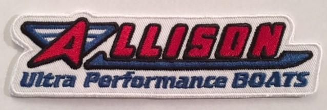 Logo for Allison Ultra Performance Boats, red and blue text on white patch.