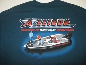 Dark blue T-shirt with the Allison logo above a bass boat scene with two people fishing.