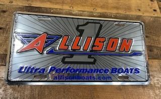 Allison Ultra Performance Boats license plate. Silver background with logo and website address.