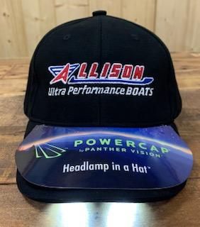 Black baseball cap with Allison Boats logo, featuring a PowerCap by Panther Vision headlamp.