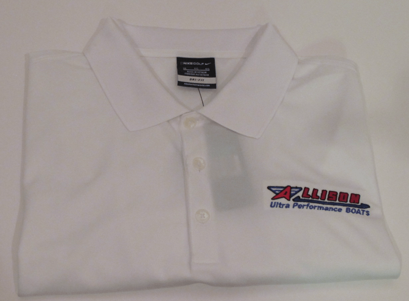 White polo shirt with Allied Ultra Performance Boats logo.