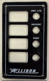 Black control panel with four rectangular and four circular switch cutouts, white labels, and the Allison logo.