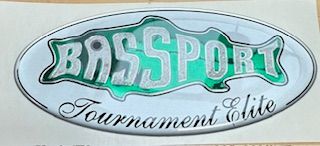 Oval Bassport Tournament Elite sticker with green fish outline, white letters on green.