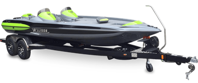 Black bass boat on a black trailer, with neon green accents, on a white background.