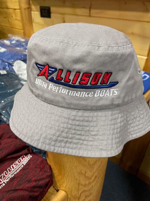 Gray bucket hat with red and blue 