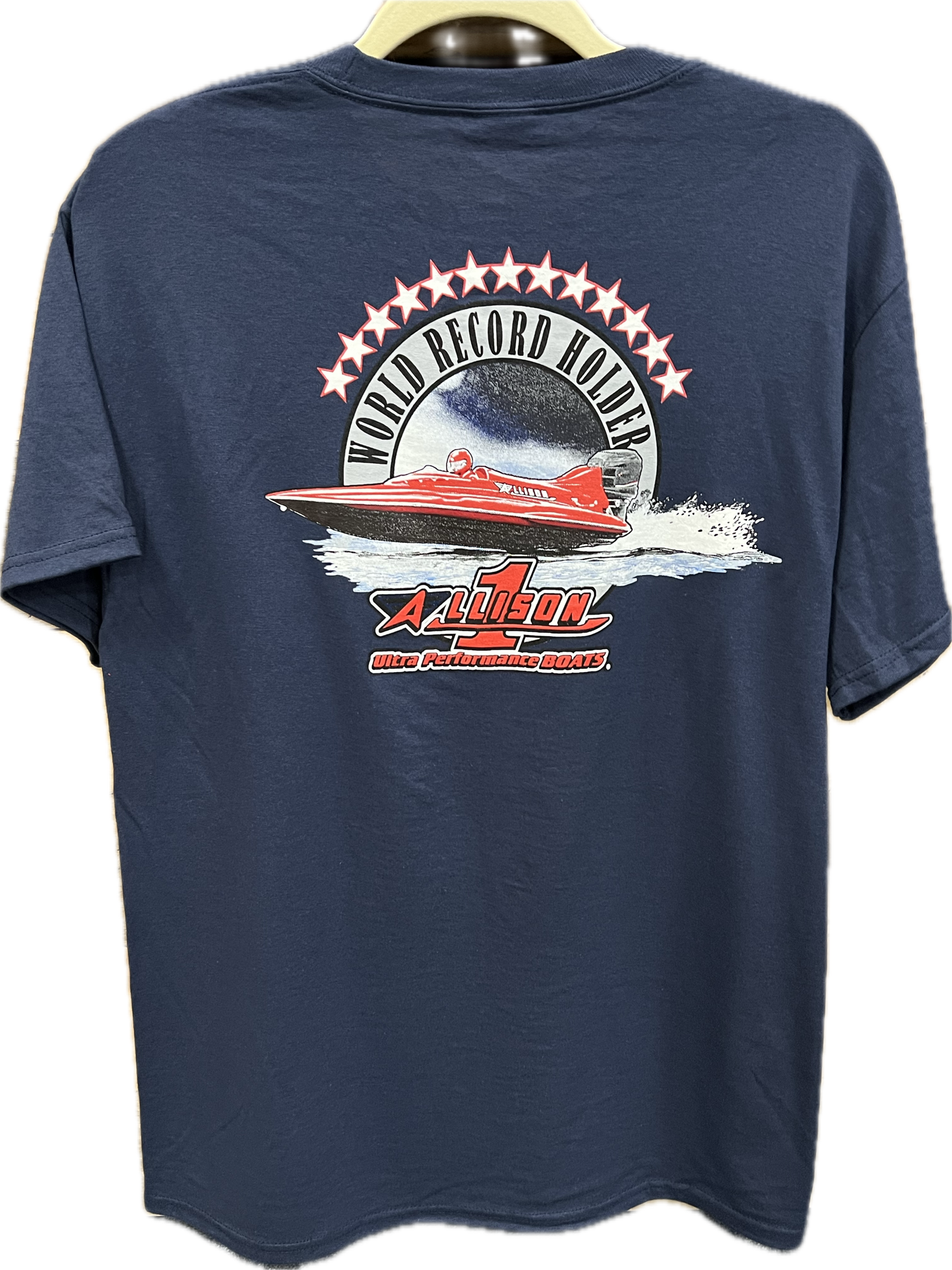 Navy blue t-shirt with a boat graphic, 