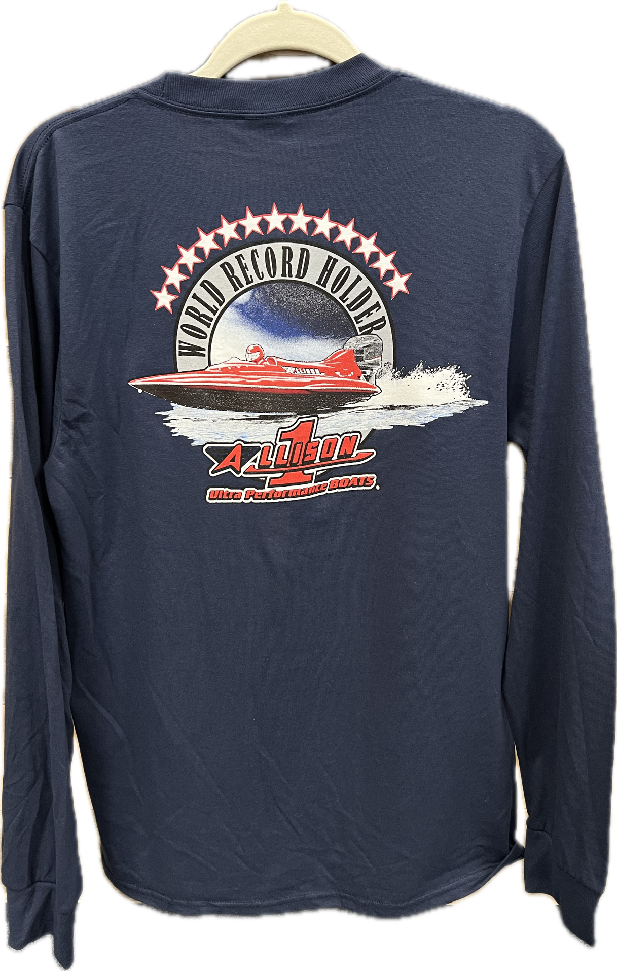 Navy long-sleeve shirt with a graphic of a red speedboat labeled 