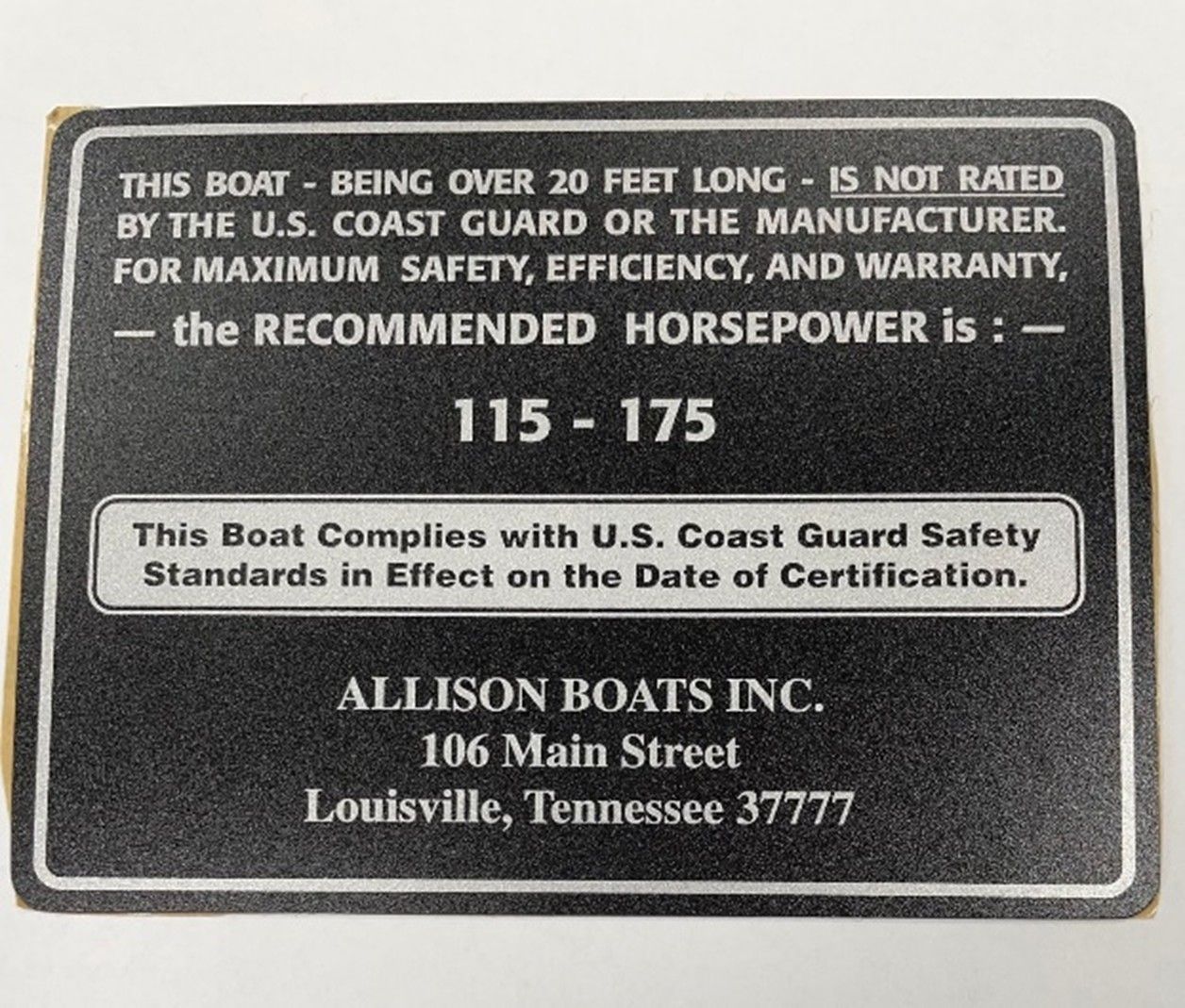 Black and white Allison Boats Inc. label with recommended horsepower range of 115-175 for boats over 20 feet.