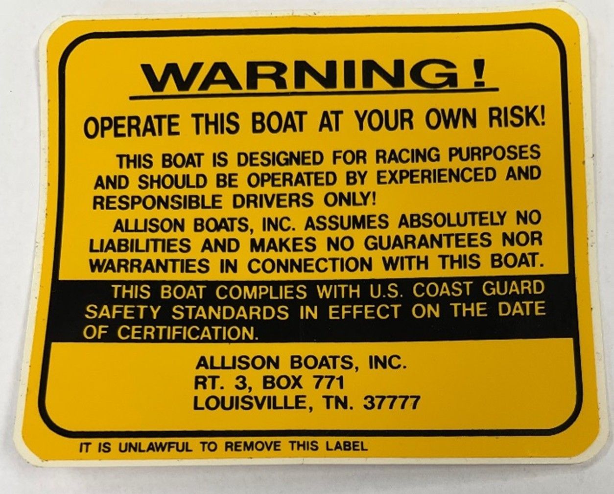 Yellow warning label: 