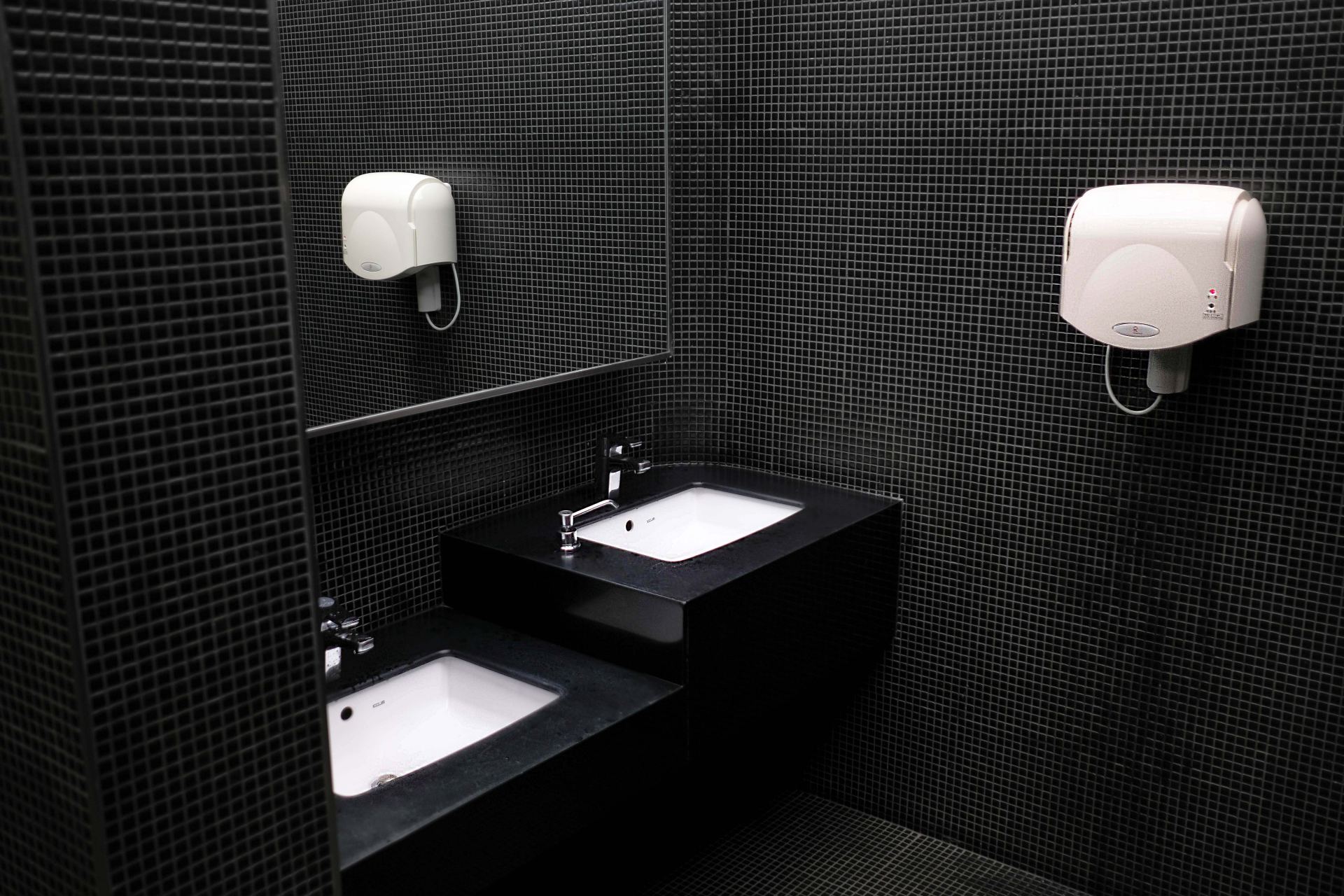 A bathroom with two sinks and two hand dryers