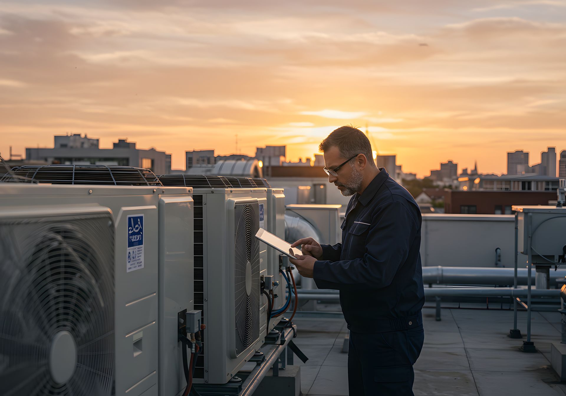 An HVAC contractor performing system maintenance on a rooftop unit with a tablet.
