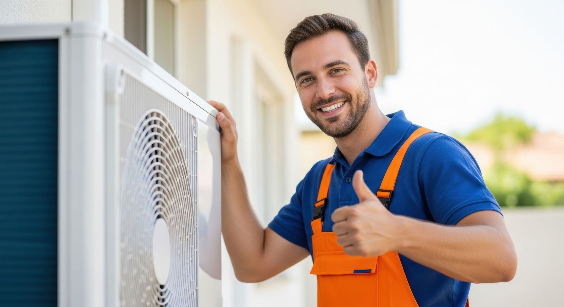 A smiling HVAC contractor gives a thumbs up next to a newly installed outdoor AC unit.
