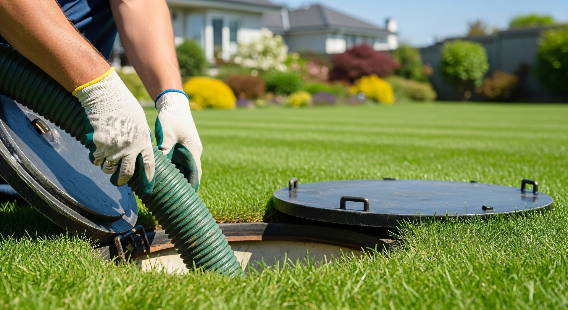 A man cleaning a manhole with a hose to ensure effective residential pump service.