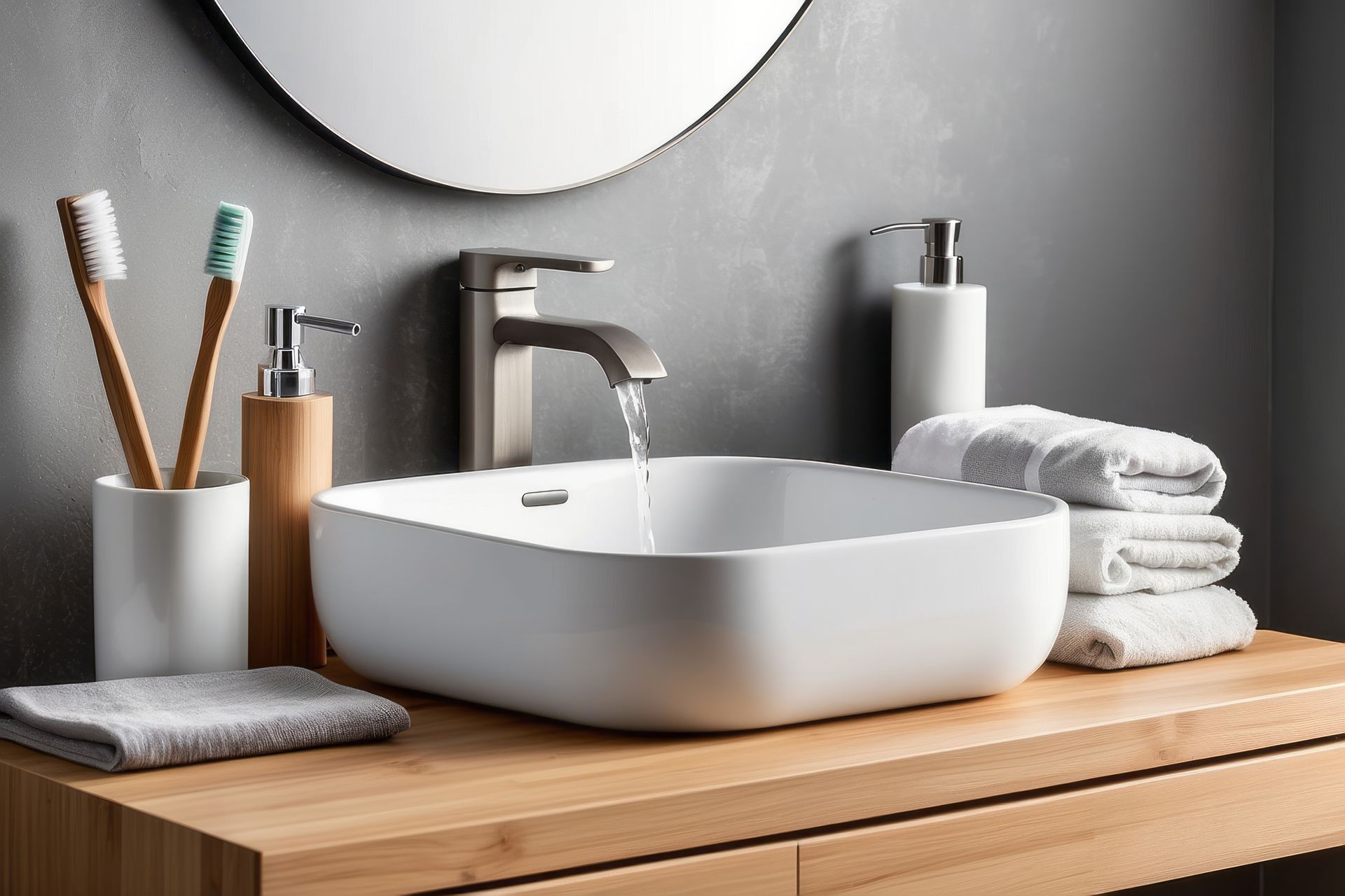 Bathroom sink with running water, soap dispenser, and towel. 