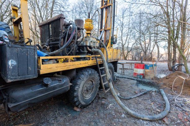 Yellow drilling rig truck with hoses for water well installation at outdoor site.