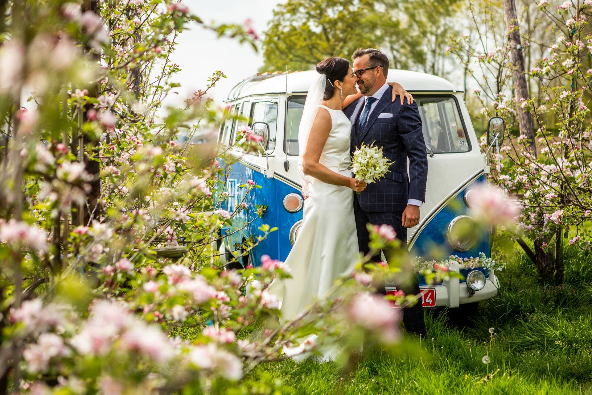Bruid en bruidegom omhelzen elkaar in een vintage blauw-wit busje, te midden van bloeiende bomen.