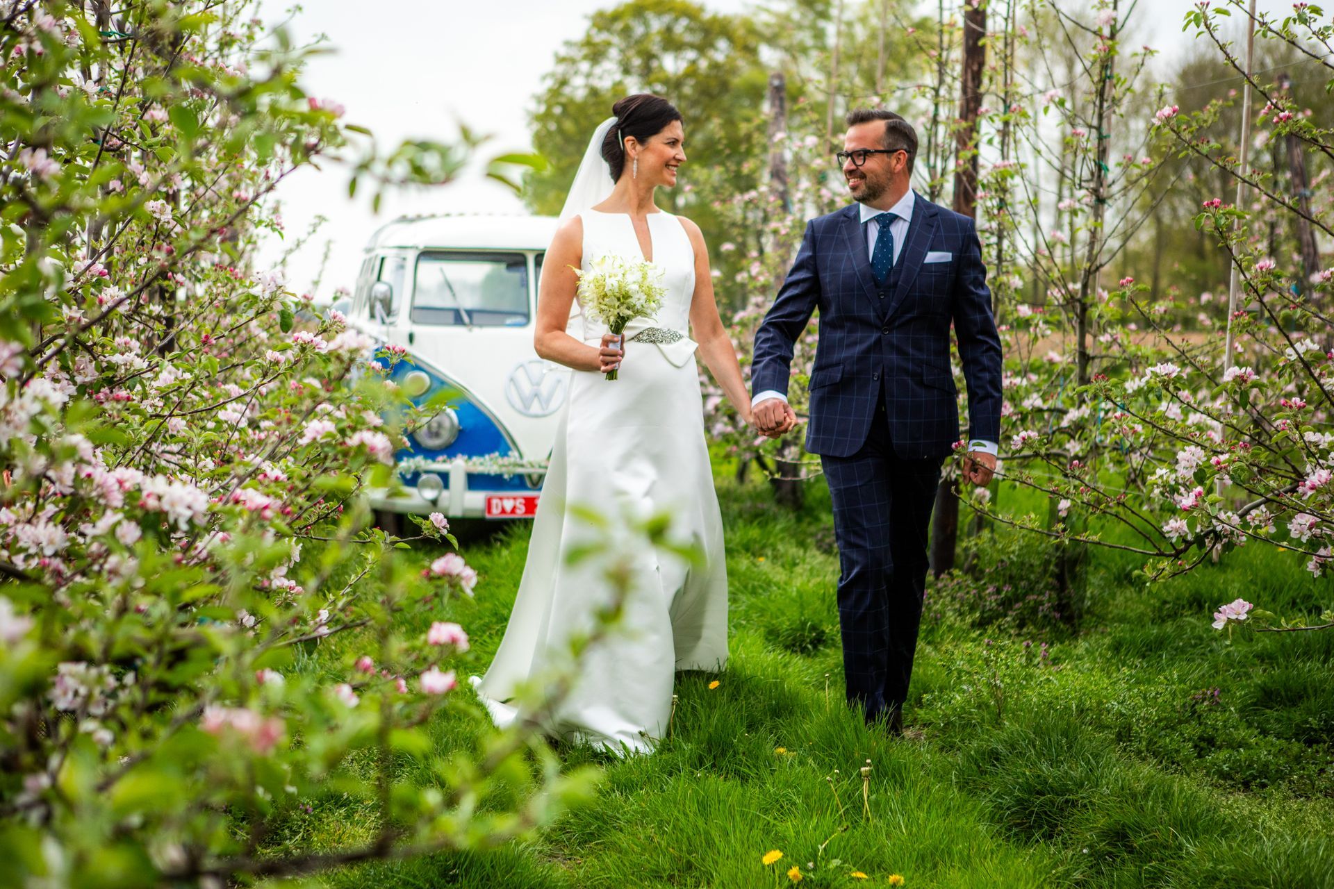 Een pasgetrouwd stel loopt hand in hand door een bloeiende boomgaard, met een Volkswagenbusje op de achtergrond.