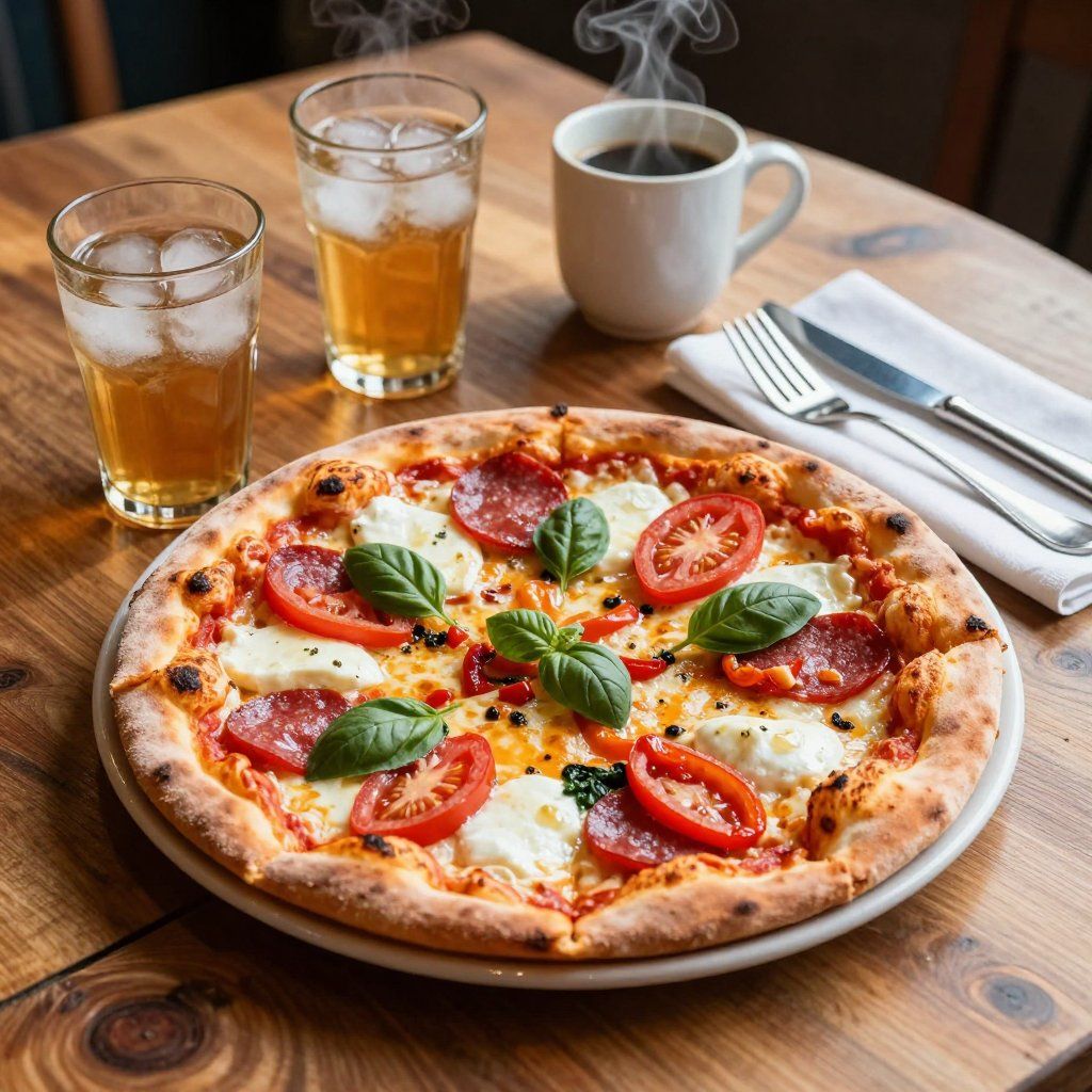 Pizza with toppings, drinks, and cutlery on a wooden table.
