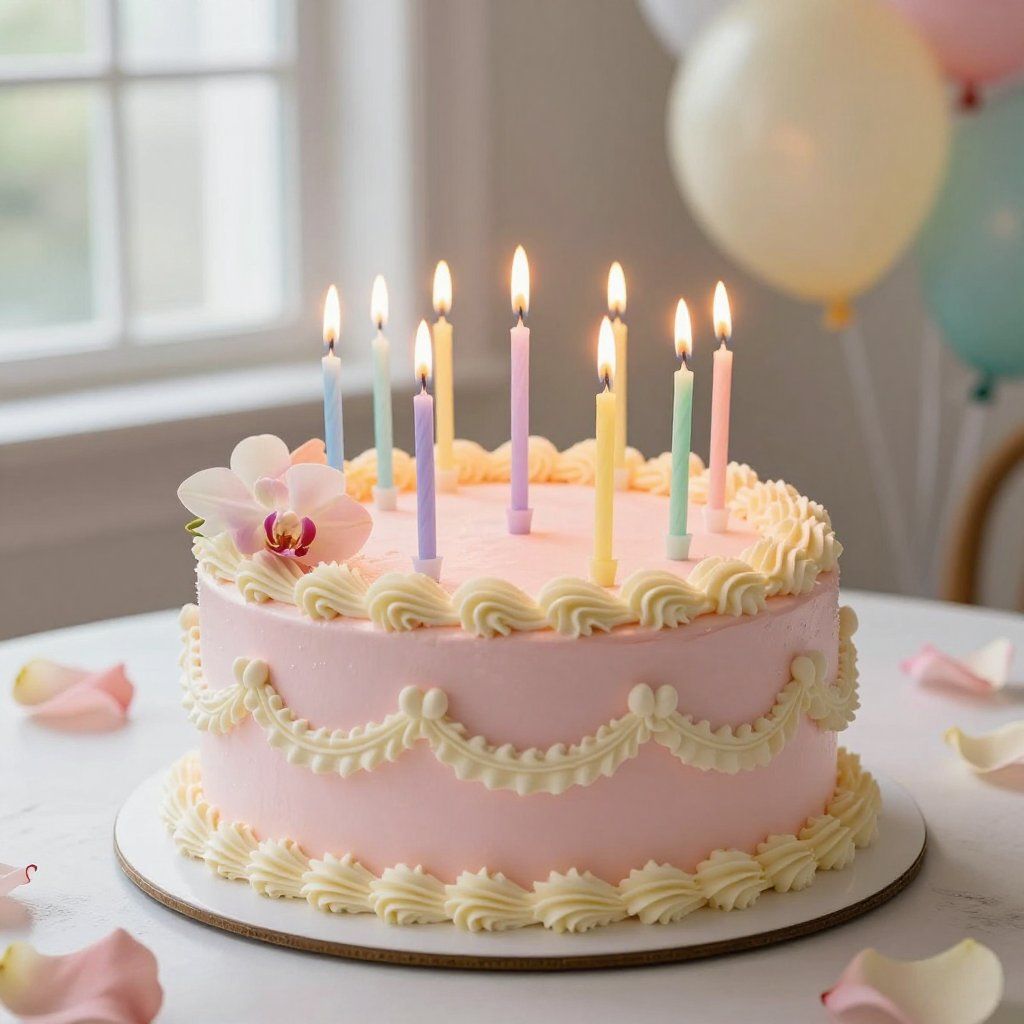Pink birthday cake with lit pastel candles and cream frosting.