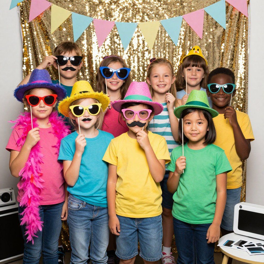 Group of children in front of gold backdrop, posing with fun props like hats, glasses, and mustaches.