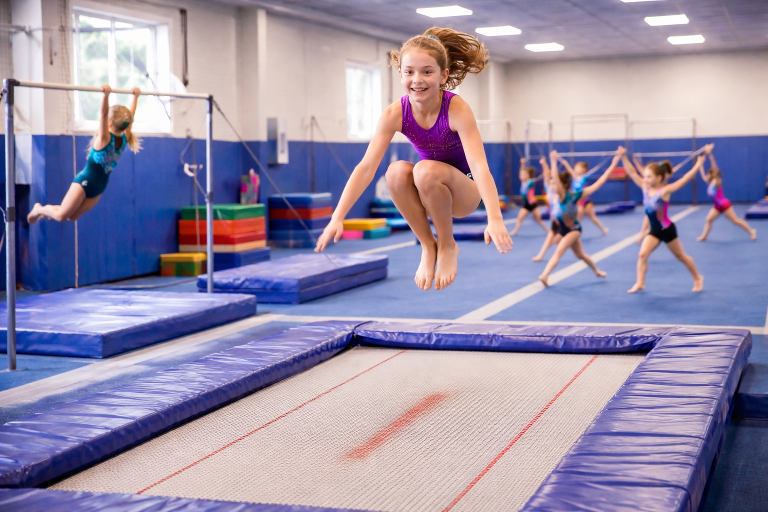 Girl jumping on trampoline in a gymnastics gym with others practicing on bars and floor.