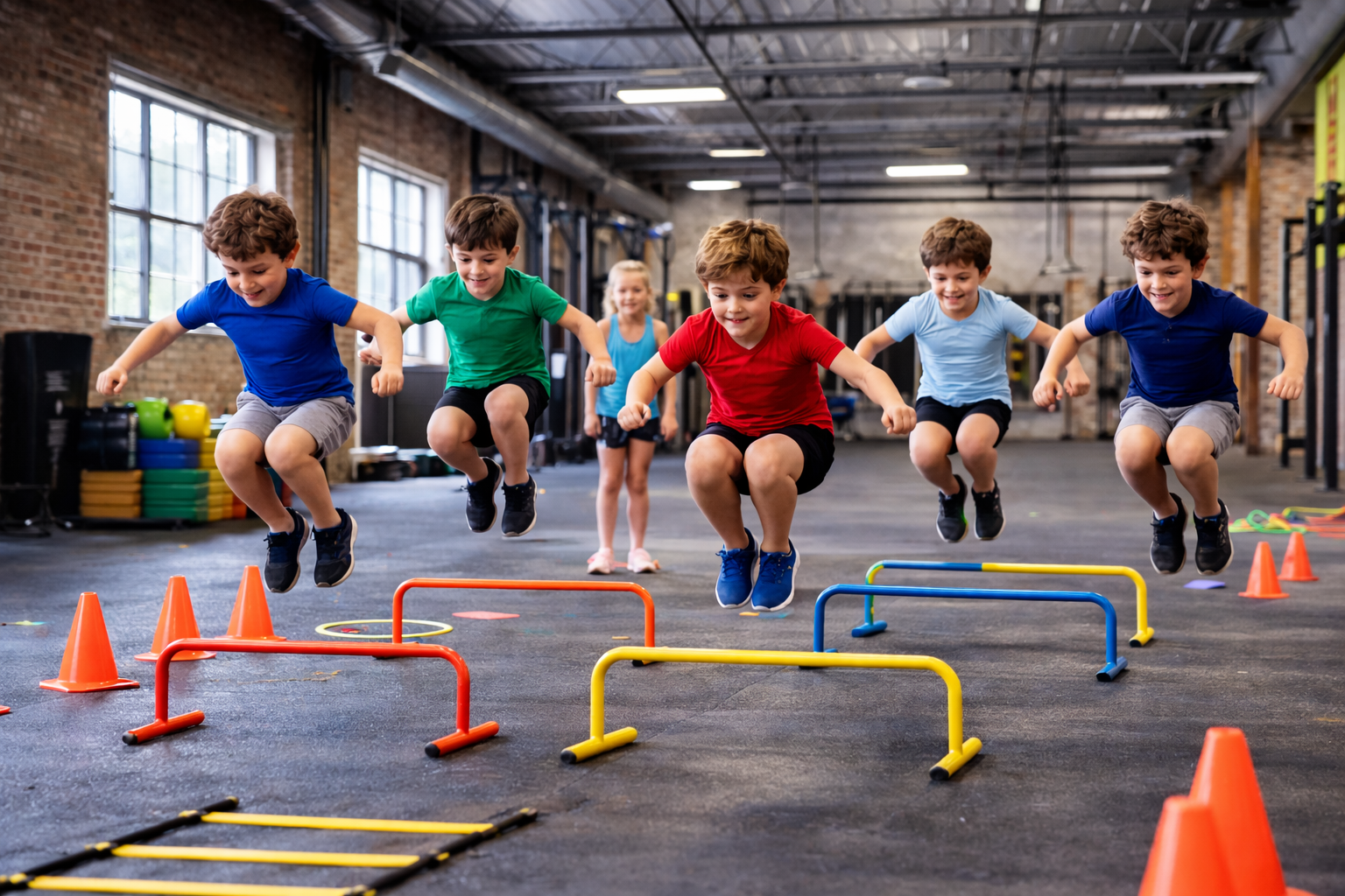 Children jumping over colorful hurdles in an indoor gym.