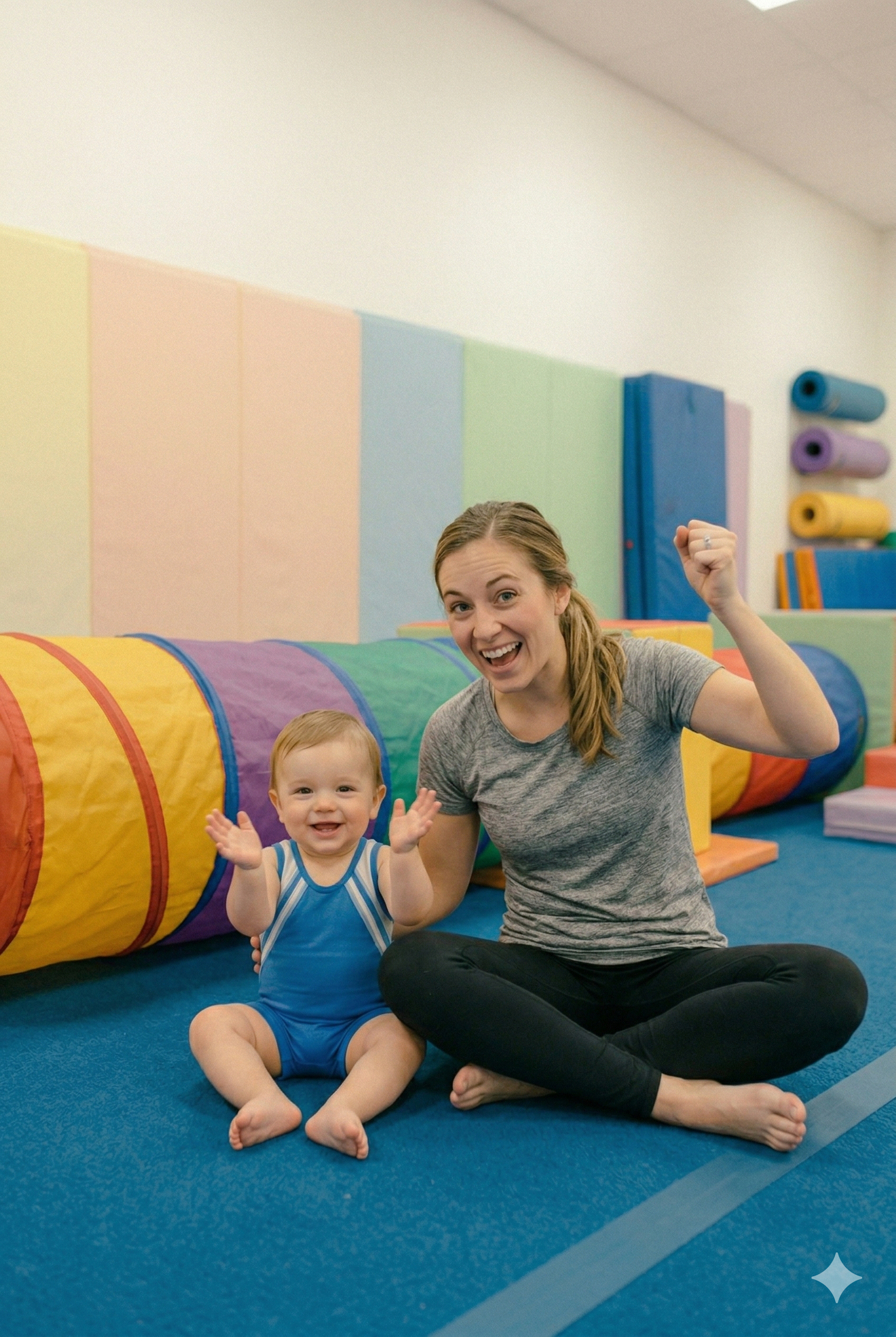 Boy in red shirt smiles, hanging from playground rings.