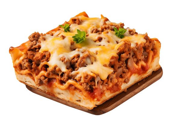 A square lasagna with meat and cheese on a wooden cutting board.